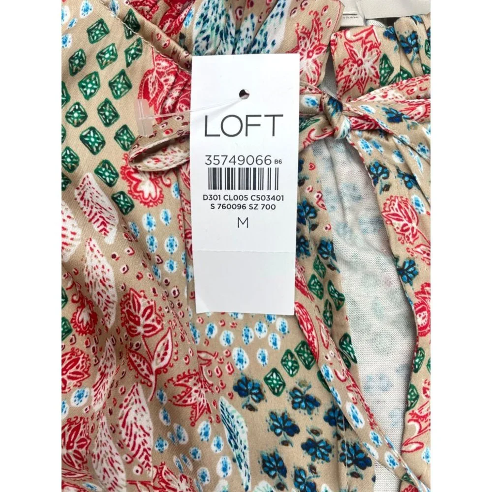 LOFT WOMEN Garden Cinched Sleeve Ruffle Tie Neck Mixed Media Top M